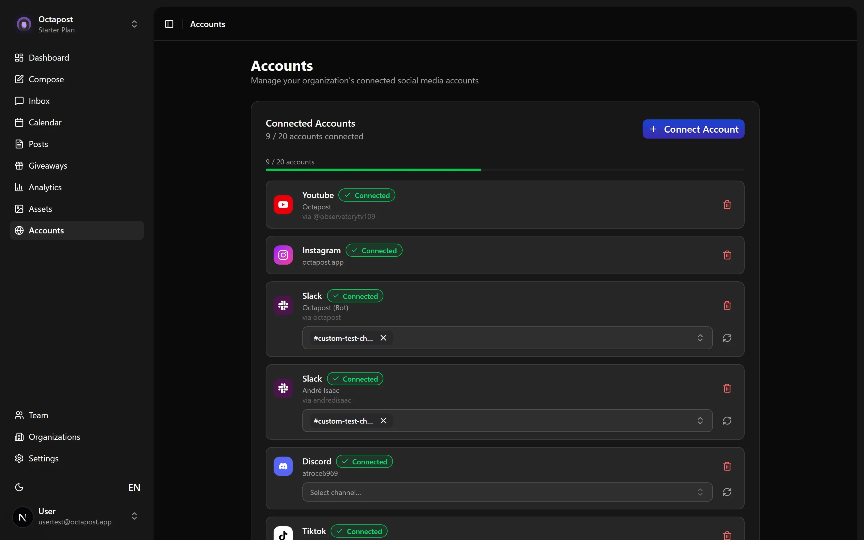 The Accounts page — connect and manage all your social accounts in one place.