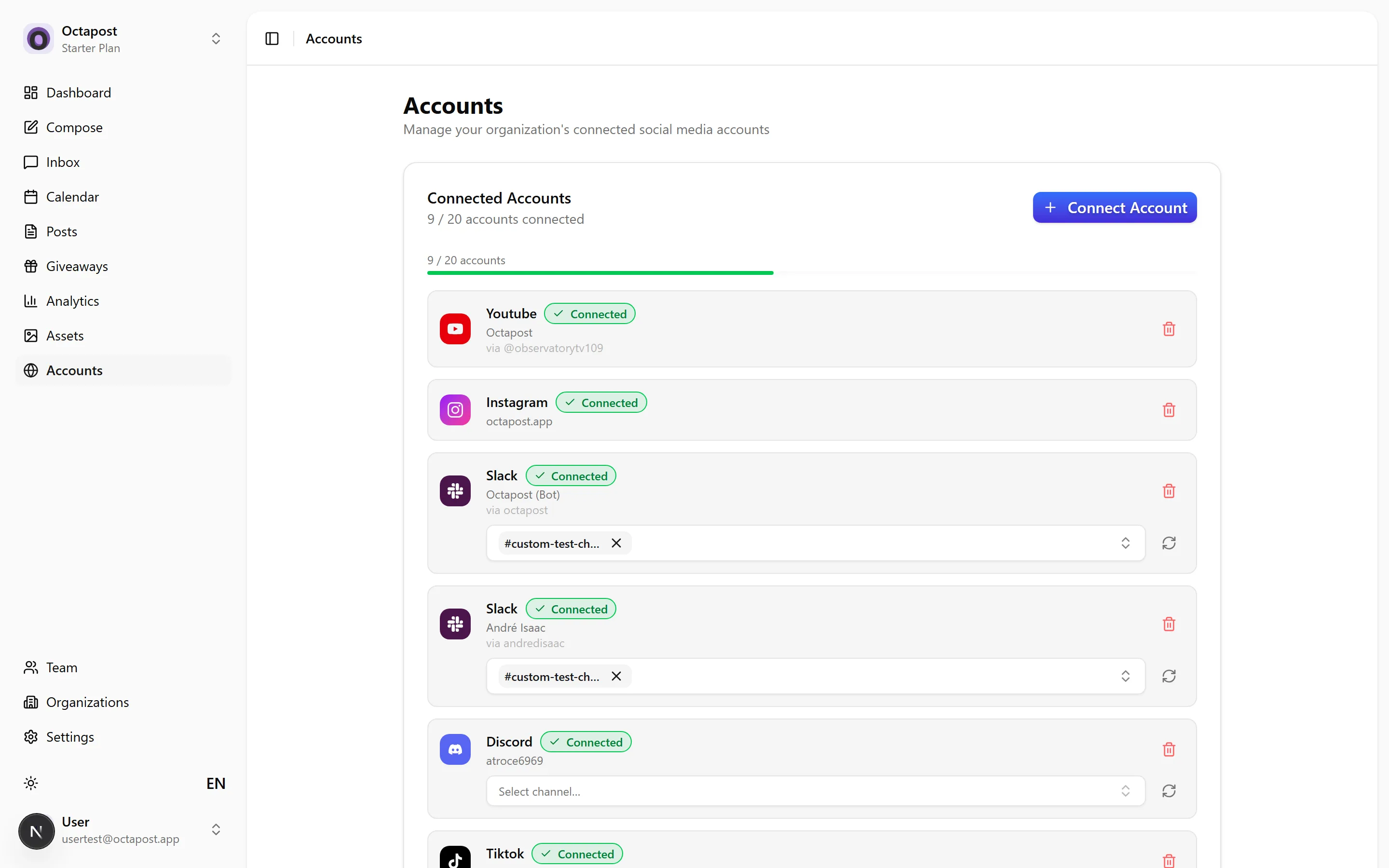 The Accounts page — connect and manage all your social accounts in one place.