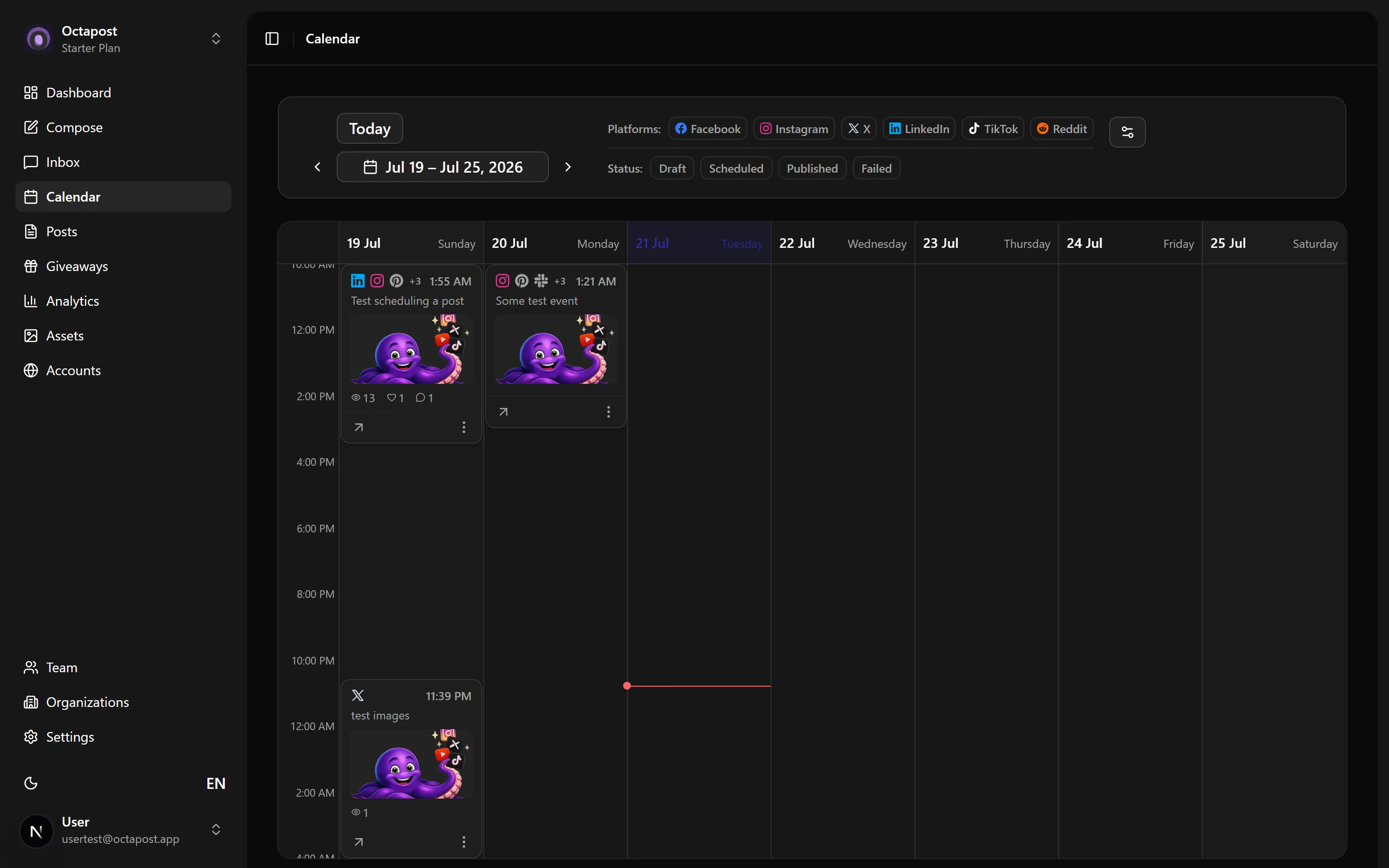 The Calendar — scheduled and published posts across all platforms, week by week.
