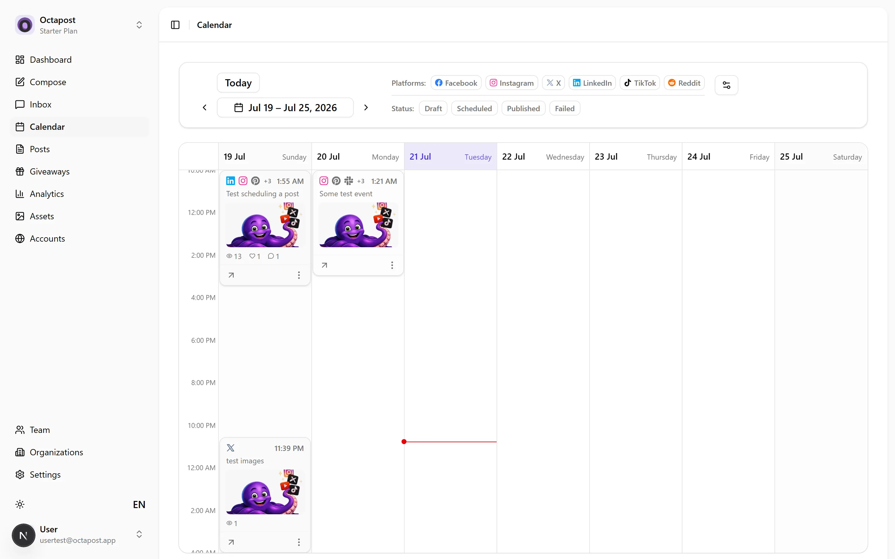 The Calendar — scheduled and published posts across all platforms, week by week.