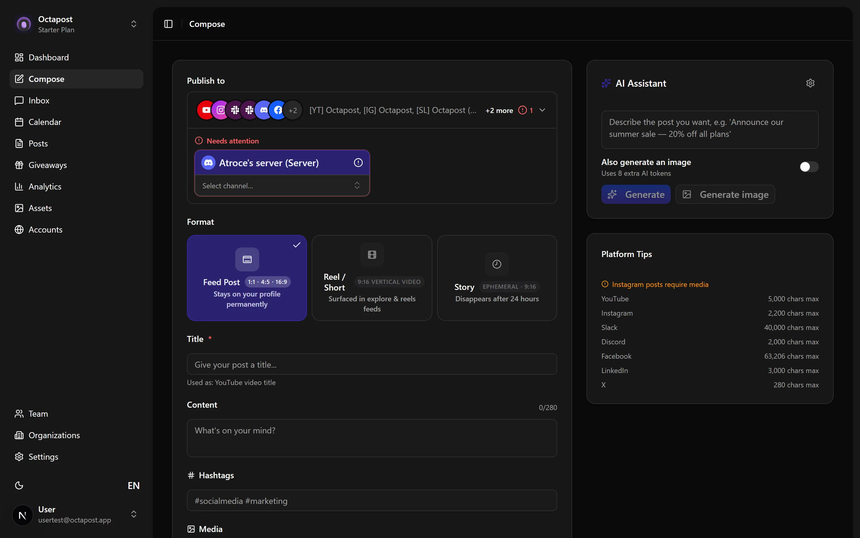 The Compose screen — pick accounts, choose a format and write once for every platform.