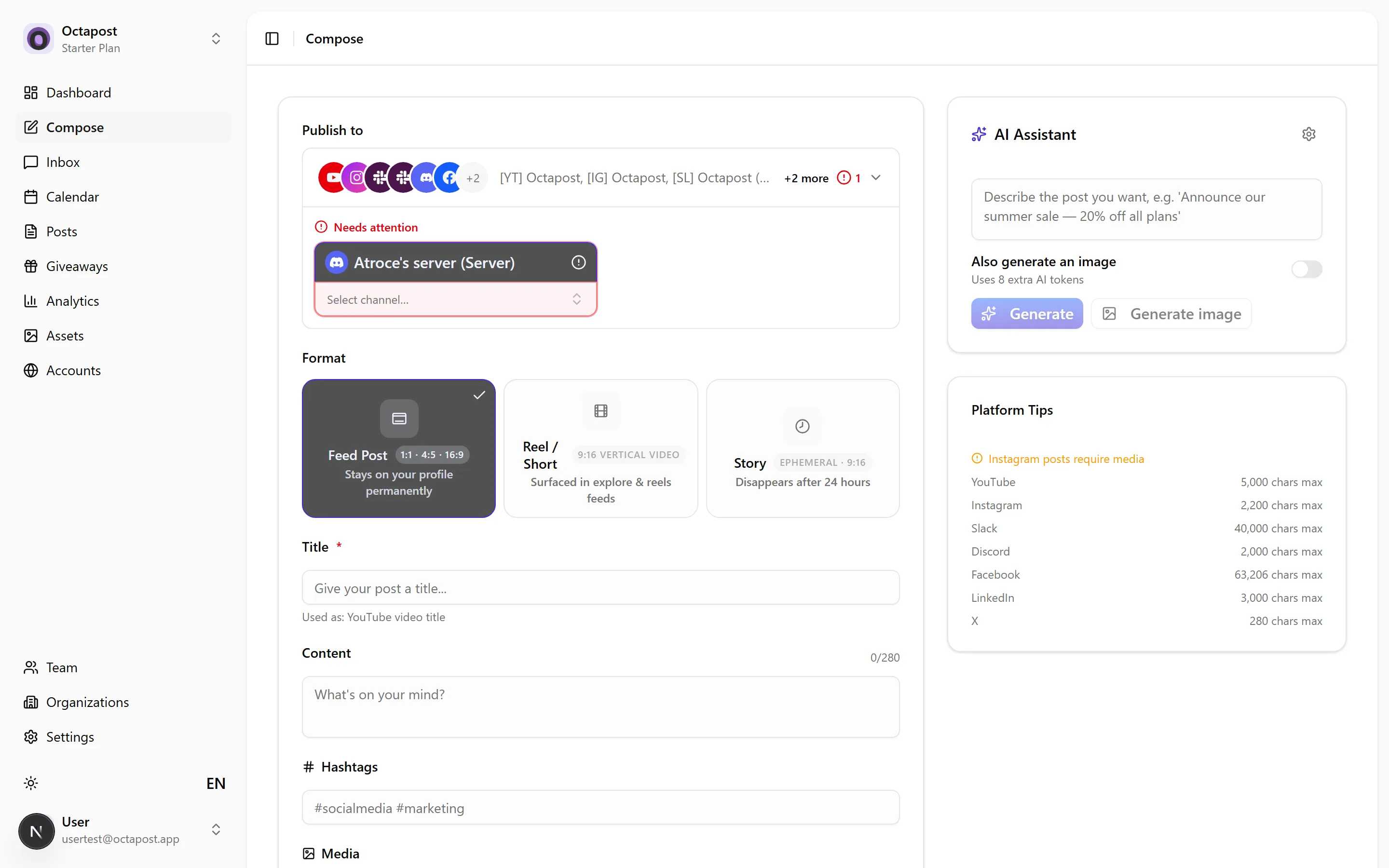 The Compose screen — pick accounts, choose a format and write once for every platform.
