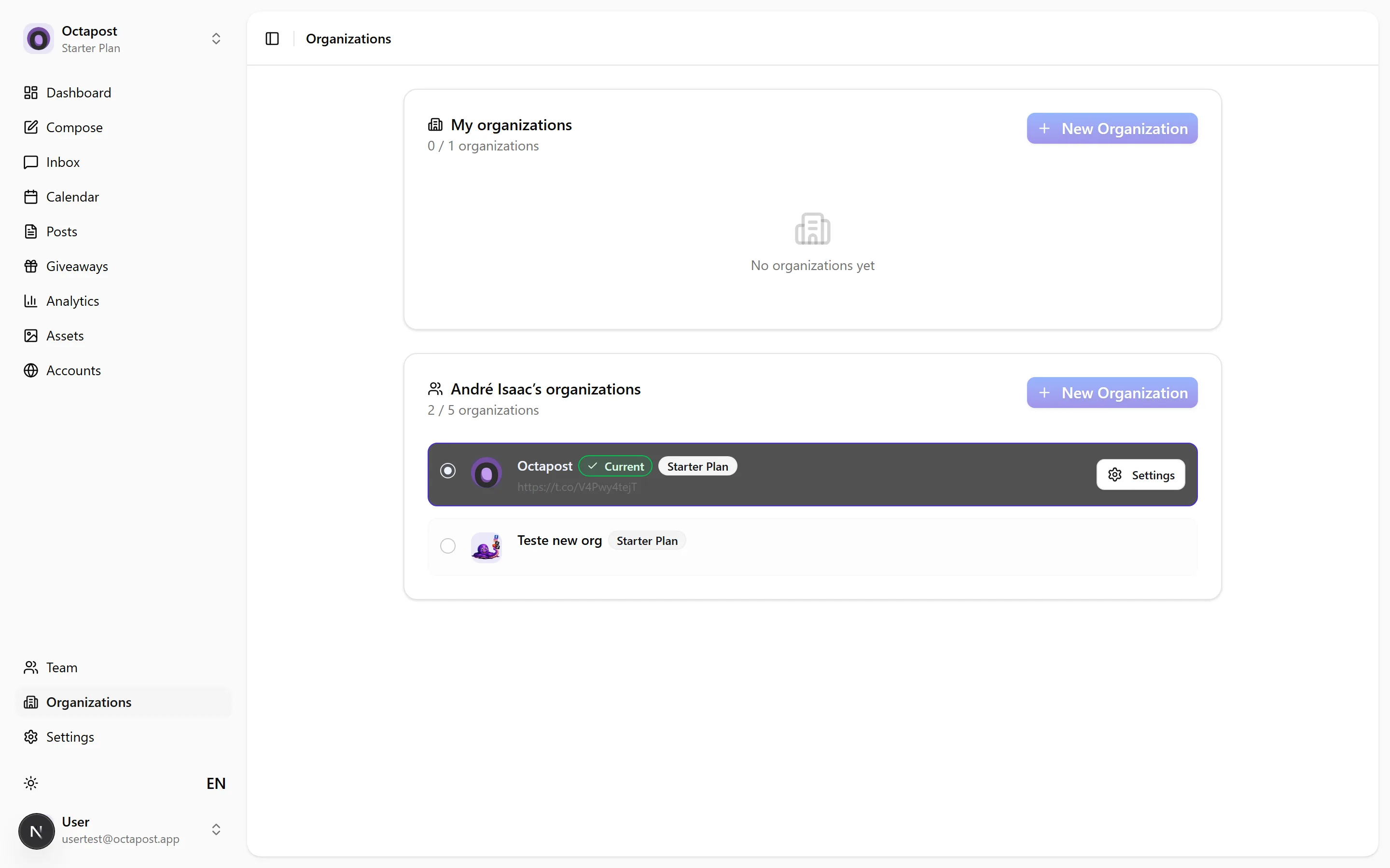 Organizations — separate workspaces per brand or client, each with its own accounts.