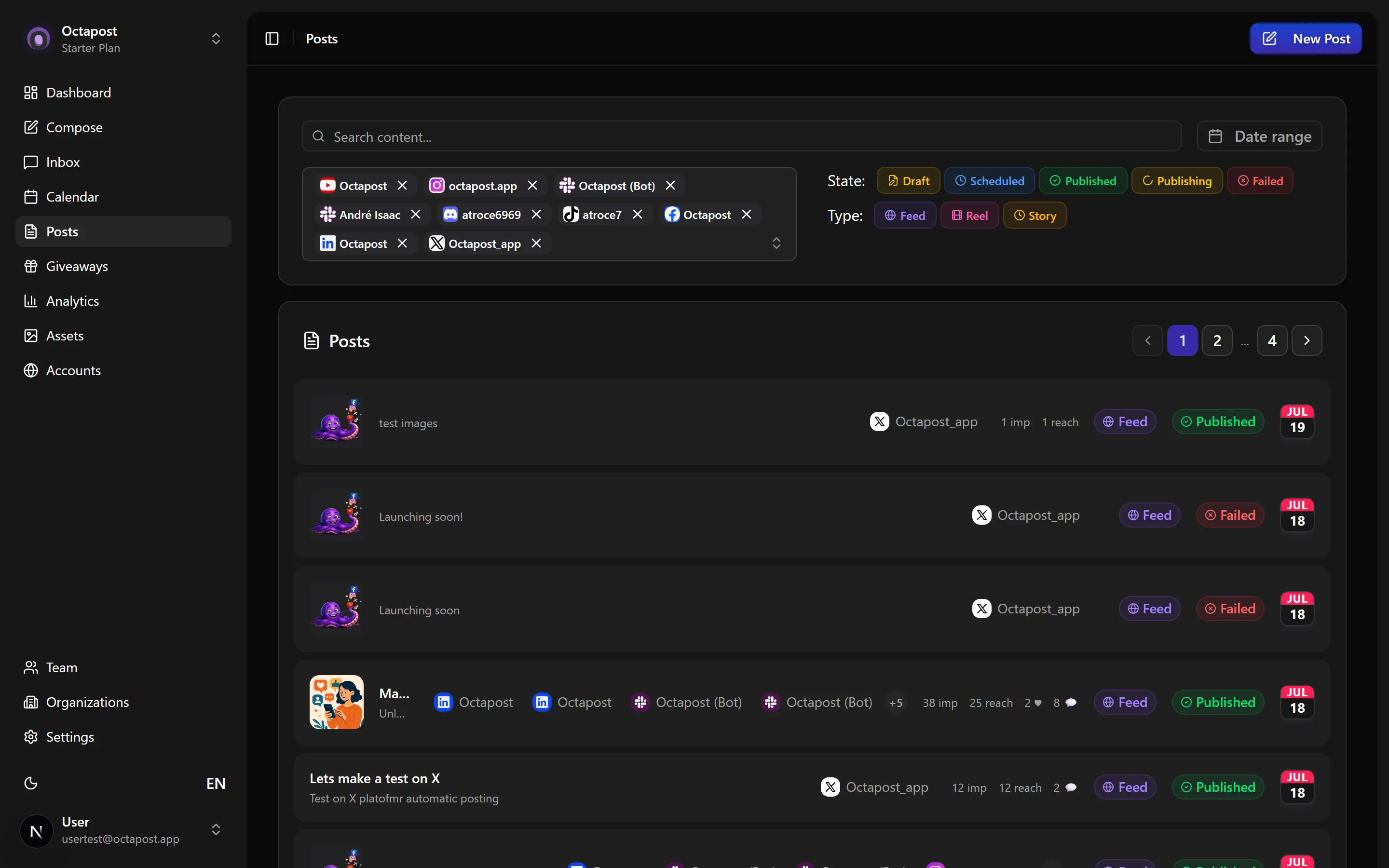 The Posts list — filter by account, state and type, with per-post metrics.