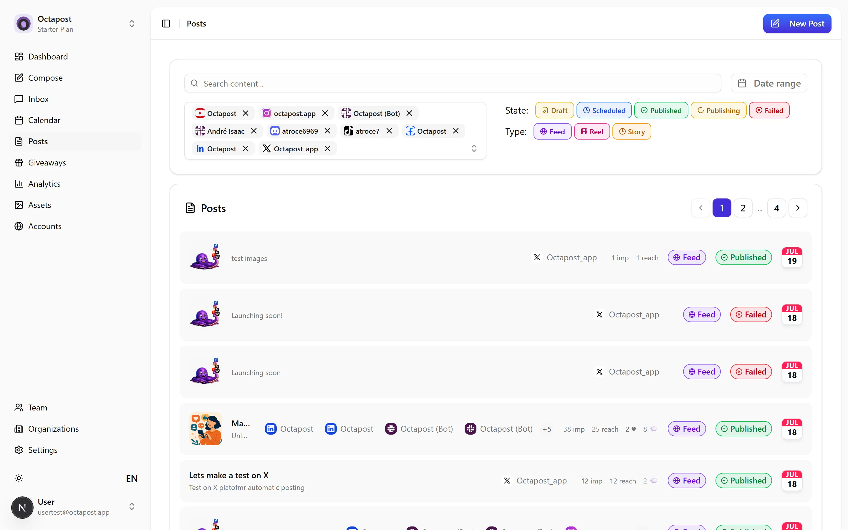 The Posts list — filter by account, state and type, with per-post metrics.