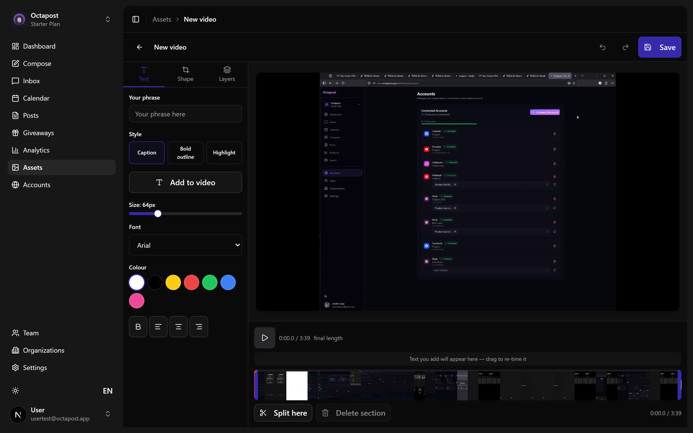 The Video Editor — trim and split on the timeline, reframe for any platform, add timed text.