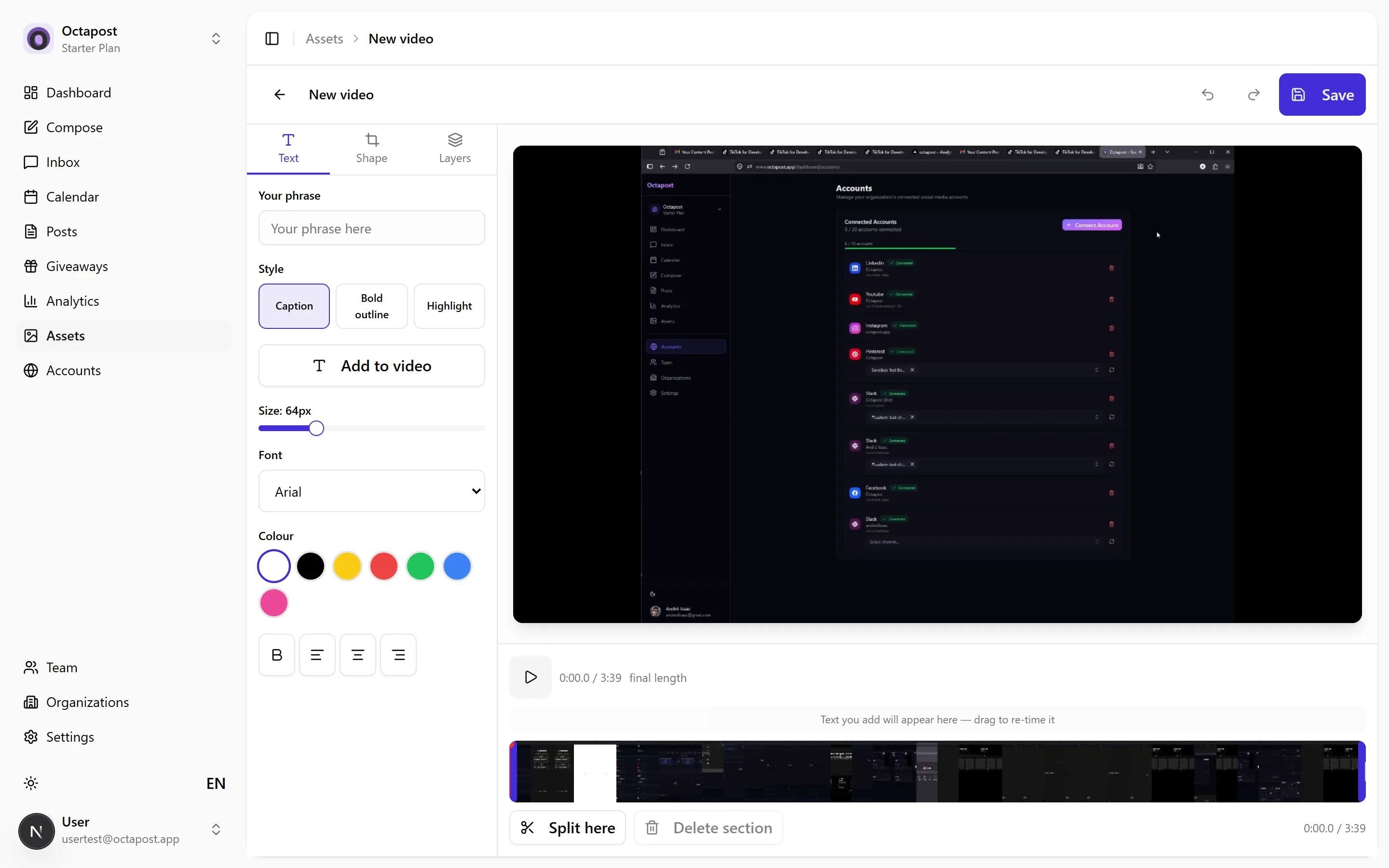 The Video Editor — trim and split on the timeline, reframe for any platform, add timed text.